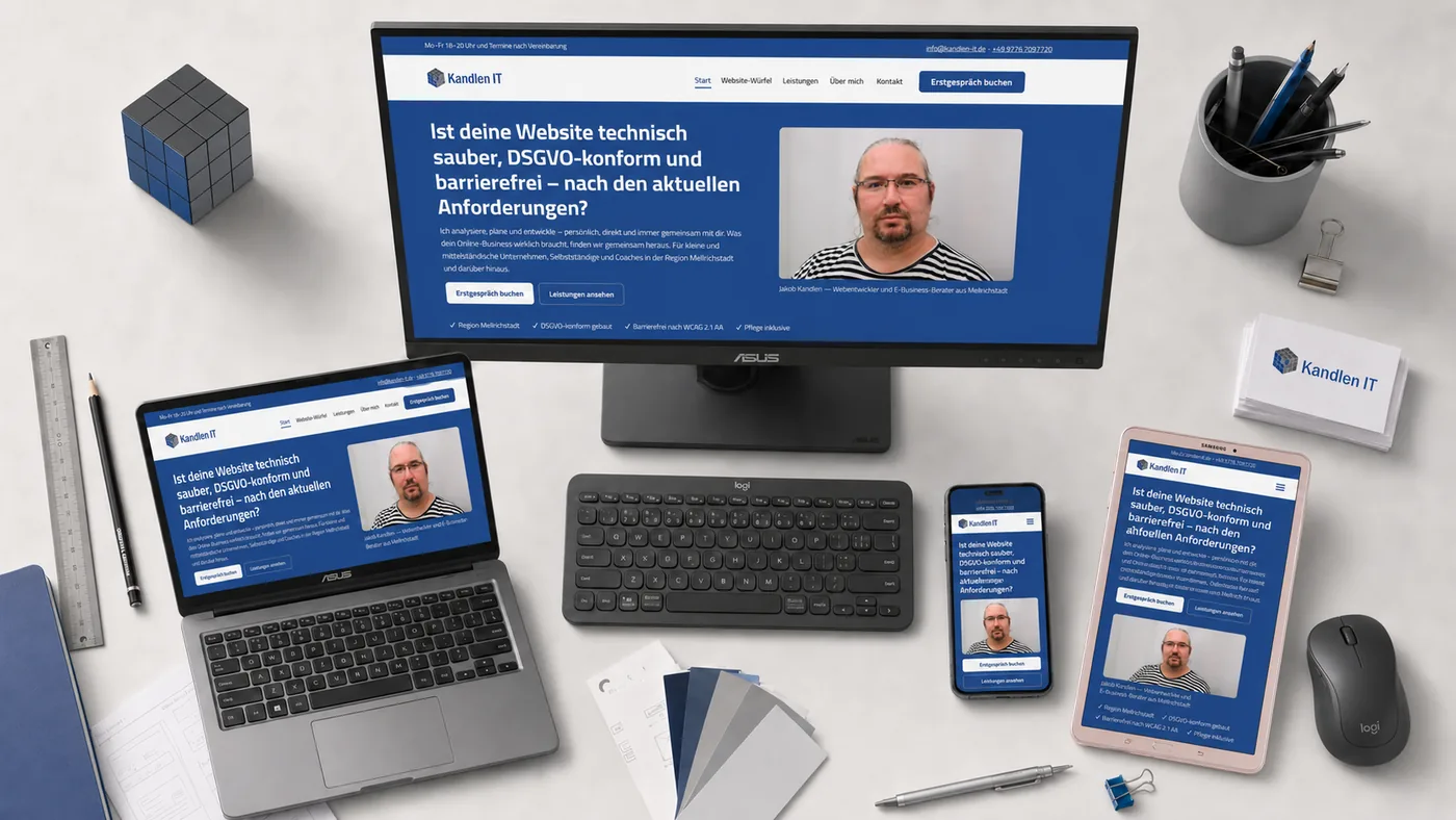 Die Website von Kandlen IT auf Monitor, Laptop, Smartphone und Tablet auf einem Schreibtisch