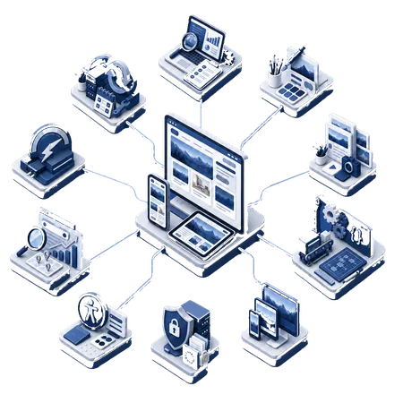 Schaubild: eine Website in der Mitte, darum zehn Bausteine – Analyse, Design, Entwicklung, Medien, Geschwindigkeit, Sicherheit und Datenschutz, Barrierefreiheit, Darstellung auf allen Geräten, Auffindbarkeit und laufende Pflege.